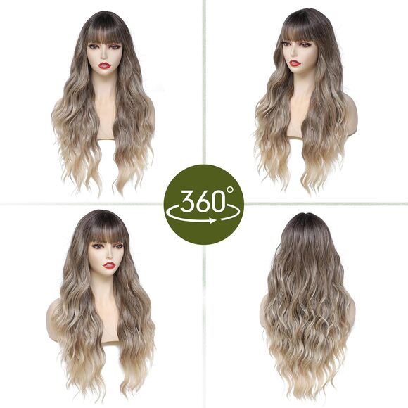 26 Inch Curly Wavy withBangs Natural Looking Synthetic Heat Resistant Fiber Wig - Picture 2 of 2